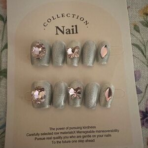 Silver Glitter Press-On Nails with Gem Accents